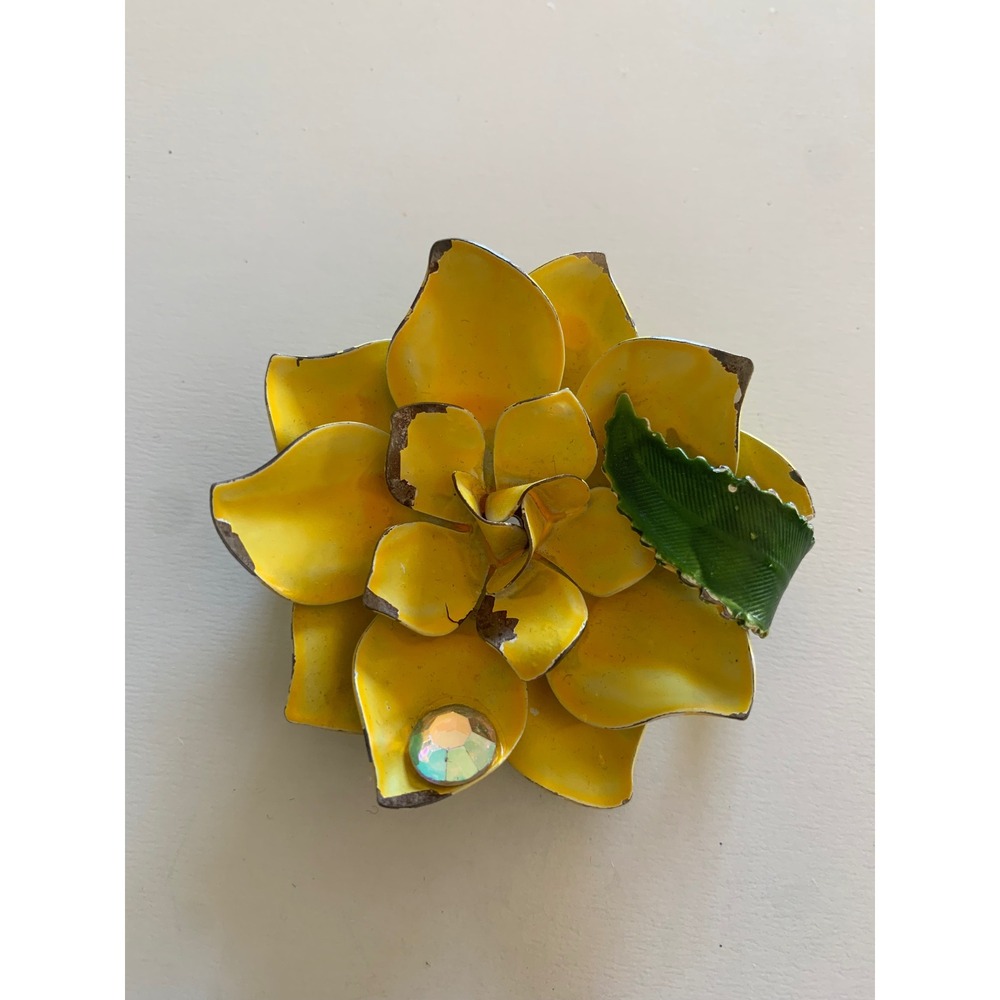 Vintage Yellow Enamel Flower Brooch Rhinestone Leaf Pin 1960s Mid Century Modern
